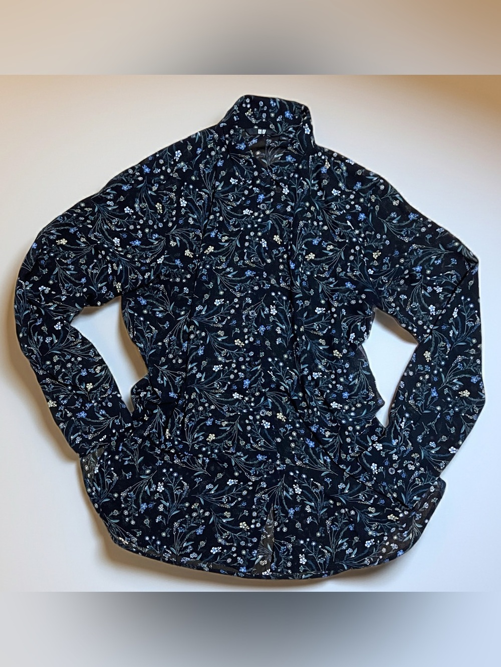 Uniqlo Black Floral Lightweight Blouse with Blue and White Accents